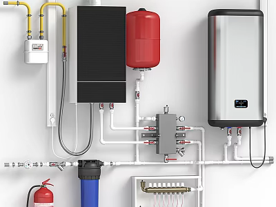 Home Water Heater And Boiler System With Red Storage Tank Pipes And Valves 3d model