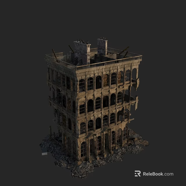 Abandoned Multi Story Damaged Building With Broken Windows And Stone Structure Ruins 3d model