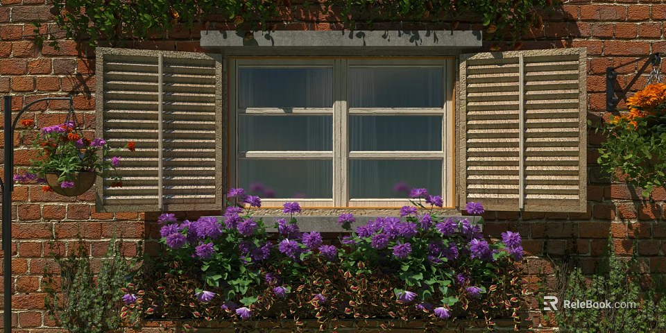 Casement Window Exterior with Brick Wall Purple Flowers on Window Sill and Shutters 3d model 