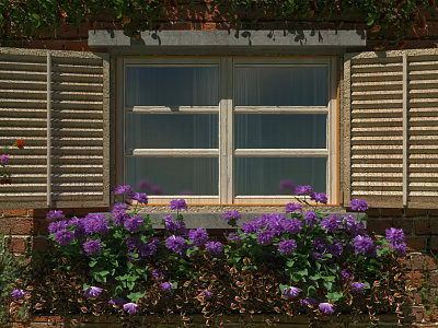 Casement Window Exterior with Brick Wall Purple Flowers on Window Sill and Shutters 3d model