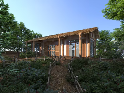 Rustic Thatched House with Wooden Structure in Lush Green Natural Garden Surroundings 3d model