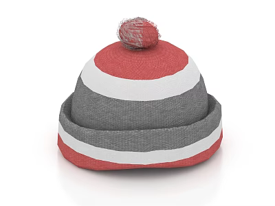 Red Gray White Striped Knit Beanie Hat with Pom Pom on Top 3d model