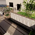 Courtyard Garden Design With Green Lawn Stone Path Outdoor Seating And Plants
