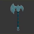 Teal Fantasy Axe With Intricate Carvings Decorative Handle Symmetric Blade And Ornamental Ring Base