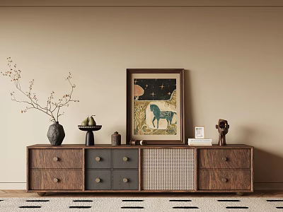 Modern Wooden TV Stand With Drawers Lattice Panel And Decorative Vase Sculpture Painting 3d model