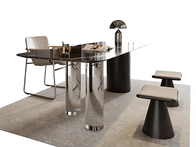Modern Table And Chair Set With Glass Top Metal Legs And Accent Stools 3d model