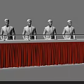 Formal Podium Setup With Red Curtain And Four Suited Figures Standing