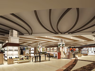 Shopping Mall Hall Interior With Curved Ceiling Design Retail Shops Bright Lighting And Tile Flooring 3d model