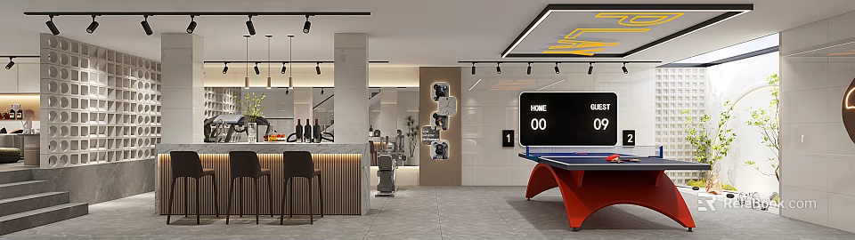 Modern Basement Recreation Space With Bar And Ping Pong Table 3d model