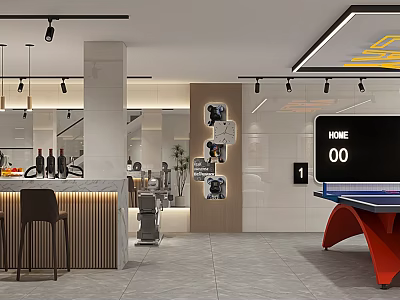 Modern Basement Recreation Space With Bar And Ping Pong Table 3d model
