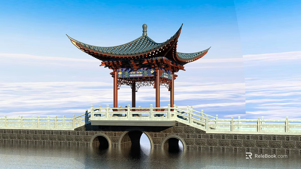 Traditional Chinese Pavilion With Curved Eaves Stone Bridge And Water Surface Under Blue Sky 3d model 