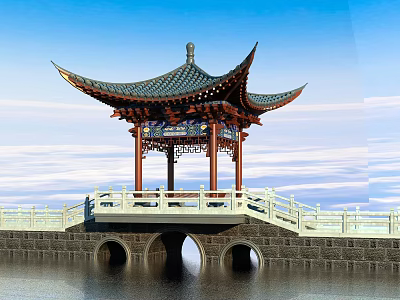 Traditional Chinese Pavilion With Curved Eaves Stone Bridge And Water Surface Under Blue Sky 3d model