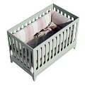 Light Green Baby Crib with Vertical Railing Design and Striped Mattress Featuring Plush Toy
