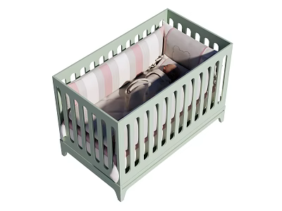 Light Green Baby Crib with Vertical Railing Design and Striped Mattress Featuring Plush Toy 3d model