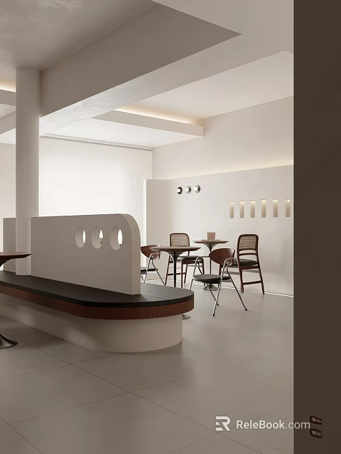 Modern Café Interior Design With Bench Seating Round Tables And Wall Lighting 3d model