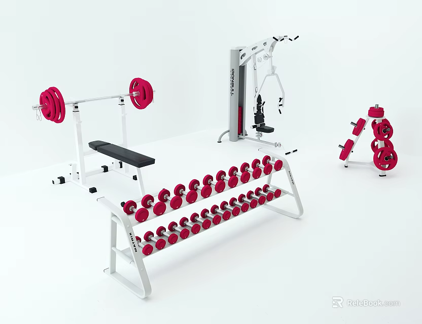 Sports Equipment Collection With Barbell Bench Press Dumbbell Rack Red Dumbbells And Multi functional Trainer 3d model 