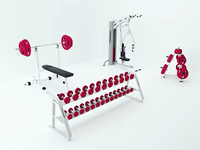 Sports Equipment Collection With Barbell Bench Press Dumbbell Rack Red Dumbbells And Multi functional Trainer 3d model