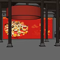 Traditional Chinese Architecture Interior With Red Circular Arch And Wooden Corridor Design
