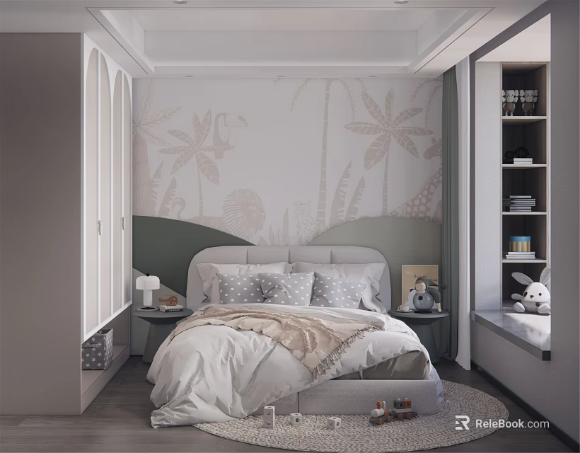 Cozy Kids Room With Palm Leaf Pattern Wall Soft Bedding Bedside Table And Rabbit Toy 3d model 