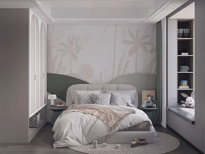 Cozy Kids Room With Palm Leaf Pattern Wall Soft Bedding Bedside Table And Rabbit Toy 3d model