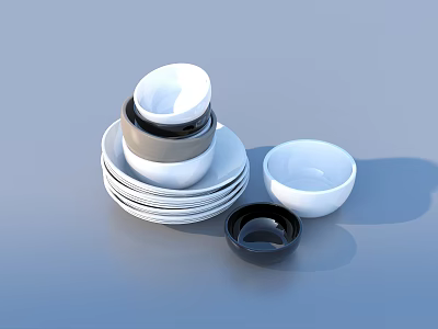 Assorted Ceramic Dinnerware Set With Stacked Plates And White Black Bowls 3d model