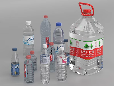 Various Sizes of Clear Plastic Bottled Water Containers on 3d model