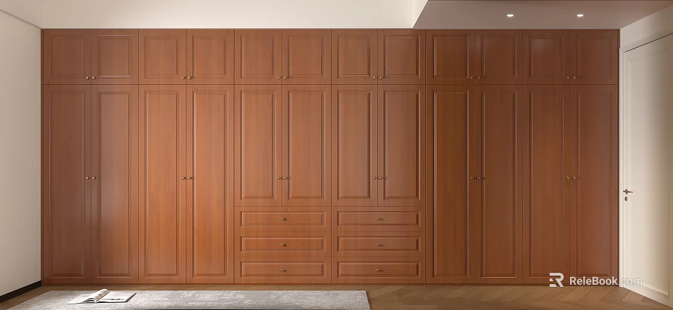 Spacious Wooden Walk in Closet Interior With Multiple Cabinets And Drawers 3d model 