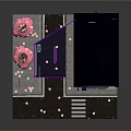 Cartoon Street Scene Featuring Purple Building Black Roof Pink Cherry Blossom Tree And Roadside Sign