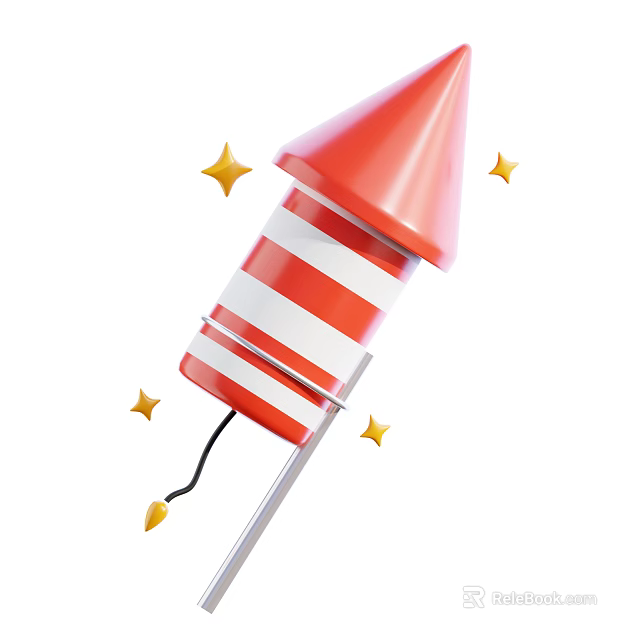Decorative Ornament Set Featuring Red Rocket with Red and White Stripes and Yellow Stars 3d model 