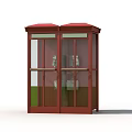 Red Roadside Telephone Booth With Double Glass Doors And Roof Design Structure