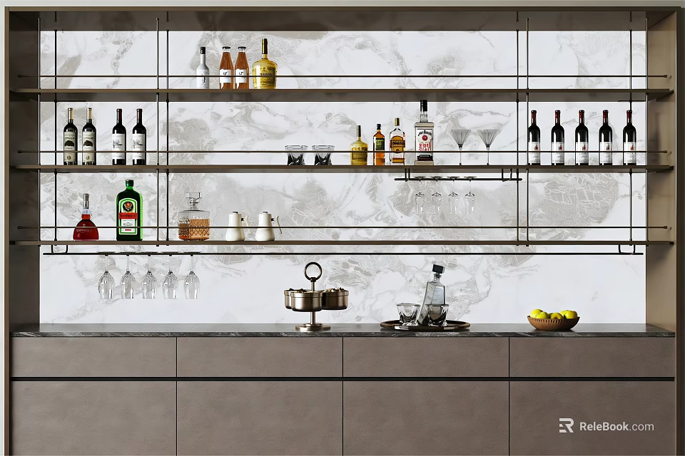 Modern Wine Cabinet With Glass Shelves Various Bottles Wine Glasses And Marble Backsplash 3d model 