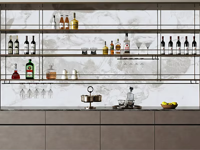 Modern Wine Cabinet With Glass Shelves Various Bottles Wine Glasses And Marble Backsplash 3d model