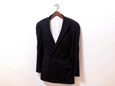 Black Double Breasted Suit Jacket Hanging On Wooden Hanger With White Shirt Inside 3d model