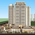Modern Commercial Street With High Rise Buildings Low Rise Commercial Structures Road And Greenery