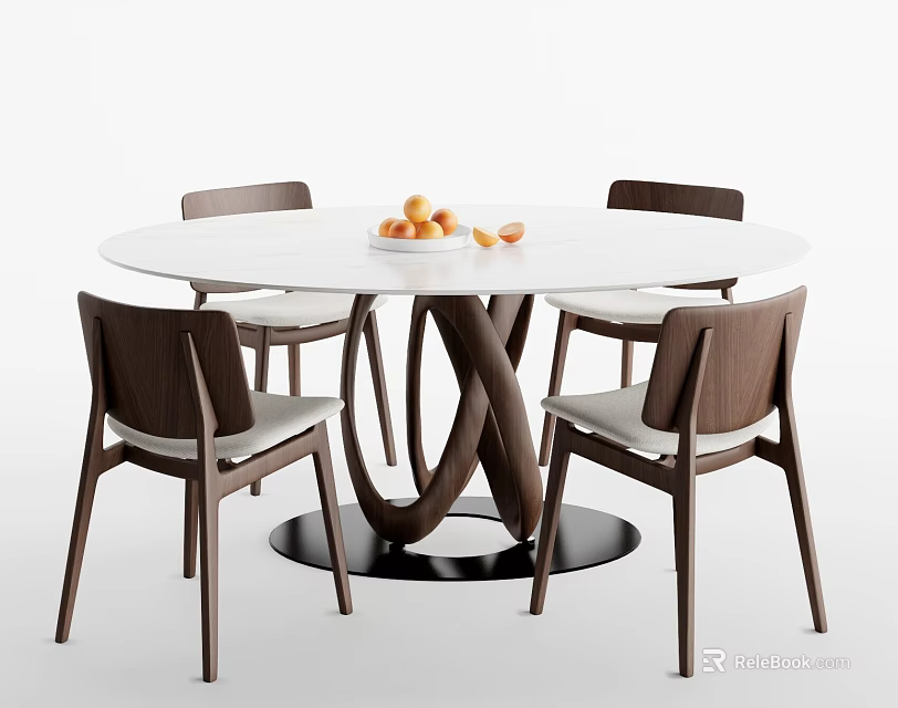 Modern Round Dining Table And Chairs Set With White Tabletop Crossed Legs And Orange Fruits 3d model 