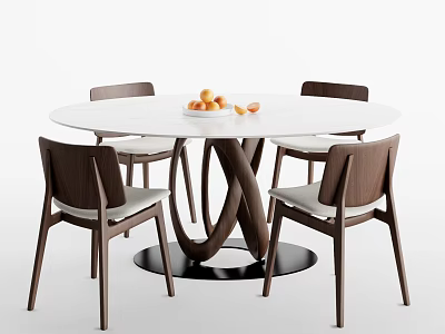 Modern Round Dining Table And Chairs Set With White Tabletop Crossed Legs And Orange Fruits 3d model