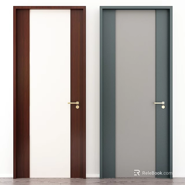 Modern Hinged Door Designs With Brown White Gray Wooden Panels and Sleek Brass Handle Details 3d model 