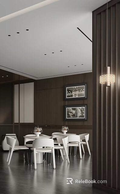 Elegant Modern Hotel Public Lounge Interior With Wooden Walls Framed Art And White Chairs 3d model 