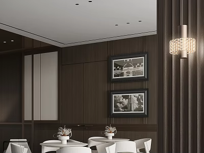 Elegant Modern Hotel Public Lounge Interior With Wooden Walls Framed Art And White Chairs 3d model