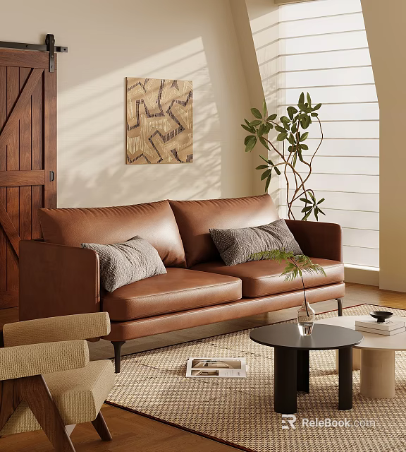 Brown Leather Multi person Sofa With Gray Pillows Black Coffee Table And Green Plant 3d model 
