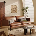 Brown Leather Multi person Sofa With Gray Pillows Black Coffee Table And Green Plant