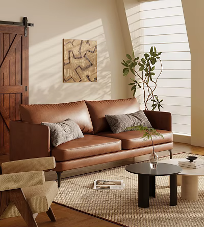 Brown Leather Multi person Sofa With Gray Pillows Black Coffee Table And Green Plant 3d model