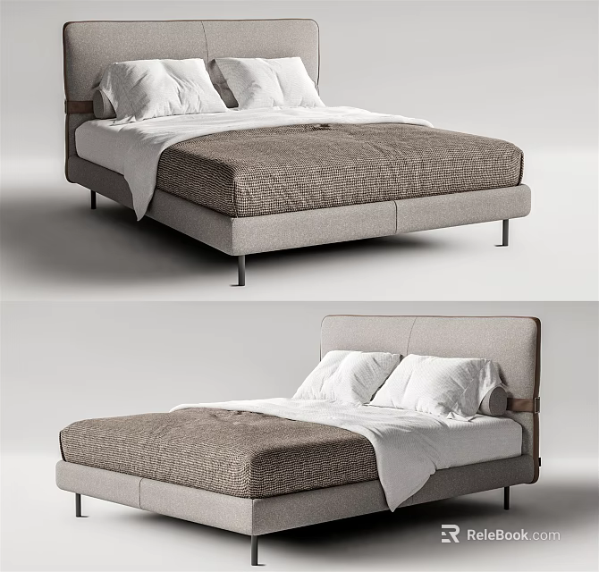 Modern Double Bed With Upholstered Headboard Comfy Mattress And Neutral Bedding 3d model