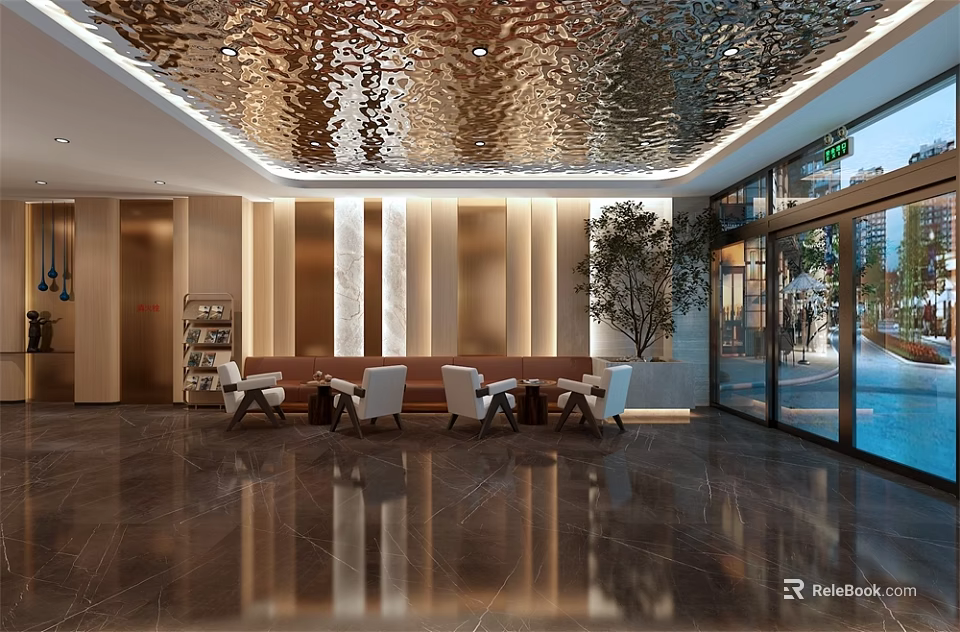Hotel Lobby Interior With Shiny Ceiling Marble Floor Seating Area Indoor Plant And Large Windows 3d model 