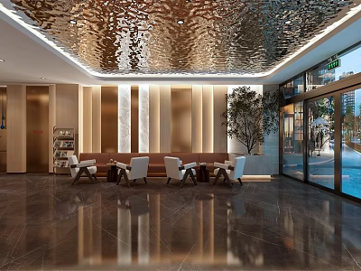 Hotel Lobby Interior With Shiny Ceiling Marble Floor Seating Area Indoor Plant And Large Windows 3d model
