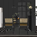 Elegant Restaurant Interior Featuring Dining Table Chairs Yellow Cushions Bookshelf Green Plants And Hanging Lamps