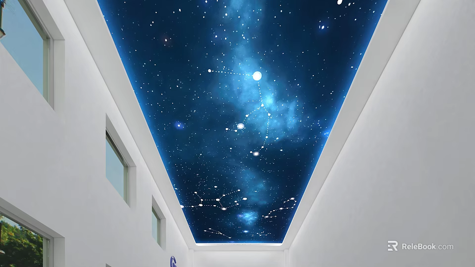 School Corridor with Starry Sky Ceiling Design White Walls and Windows in Educational Space 3d model