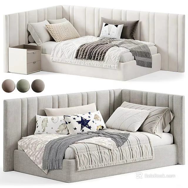 Elegant Single Bed with Upholstered Headboard Decorative Pillows and Knit Blanket in Neutral Tones 3d model 