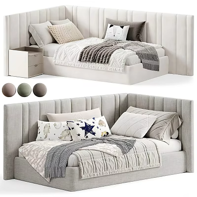 Elegant Single Bed with Upholstered Headboard Decorative Pillows and Knit Blanket in Neutral Tones 3d model