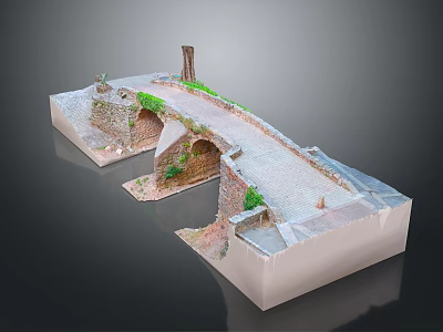 Detailed Arch Bridge Model with Stone Arched Design Green Plants Tower and White Base 3d model